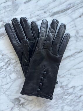 Classic Black Leather Gloves with Button Detail and cashmere lining
